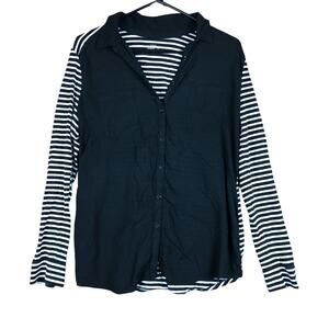 LOFT Womens Shirt Black White Striped Collared Sheer Long Sleeve Modal Blend L
